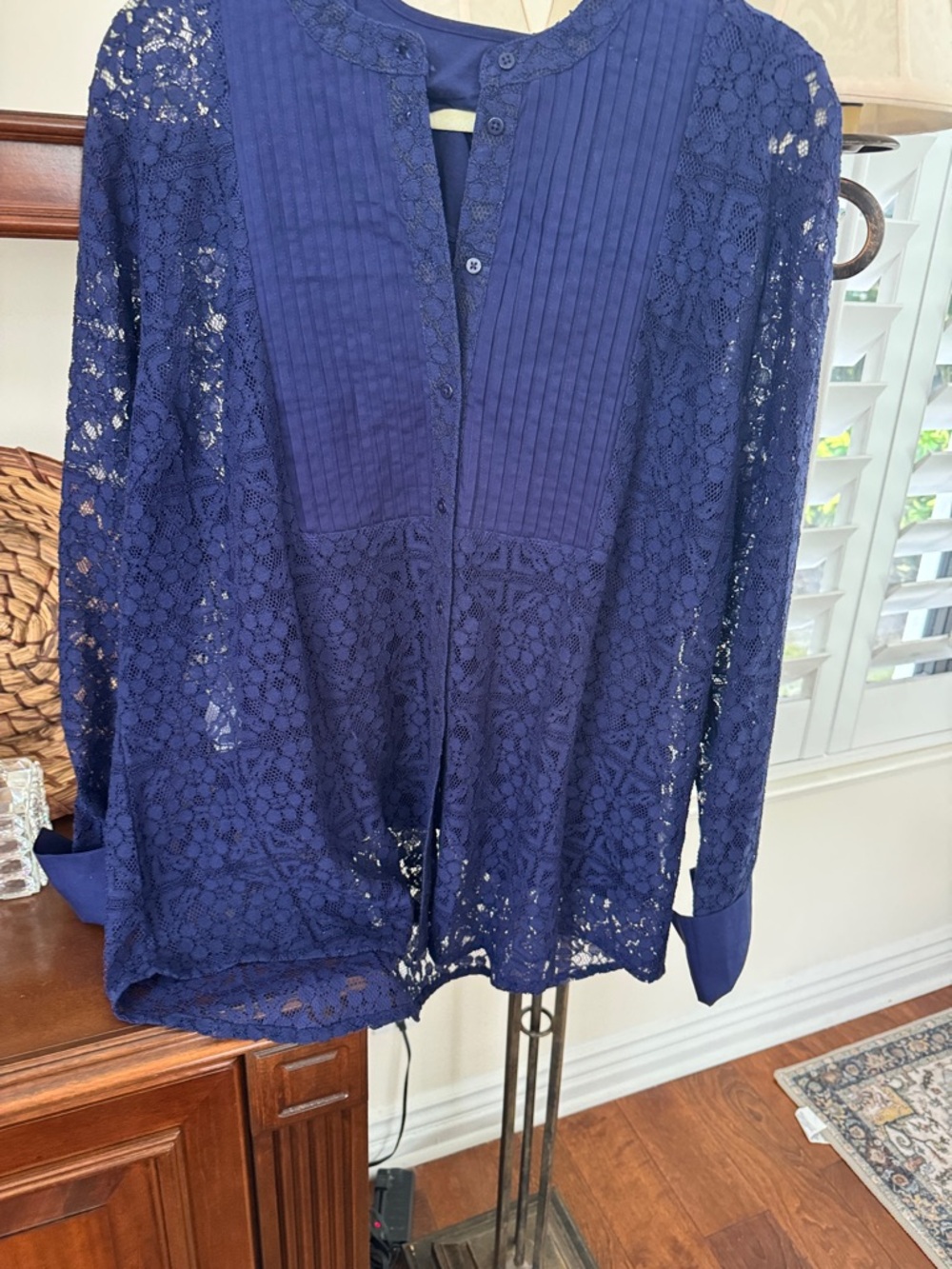 Lace Pintuck Button-Front Blouse in Navy